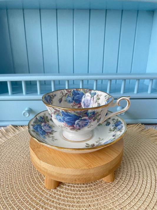 Pristine Avon Shaped Royal Albert "Moonlight Rose" Teacup & Saucer, Fine Bone China, Blue Roses Decor, Highly Sought After, Made in England