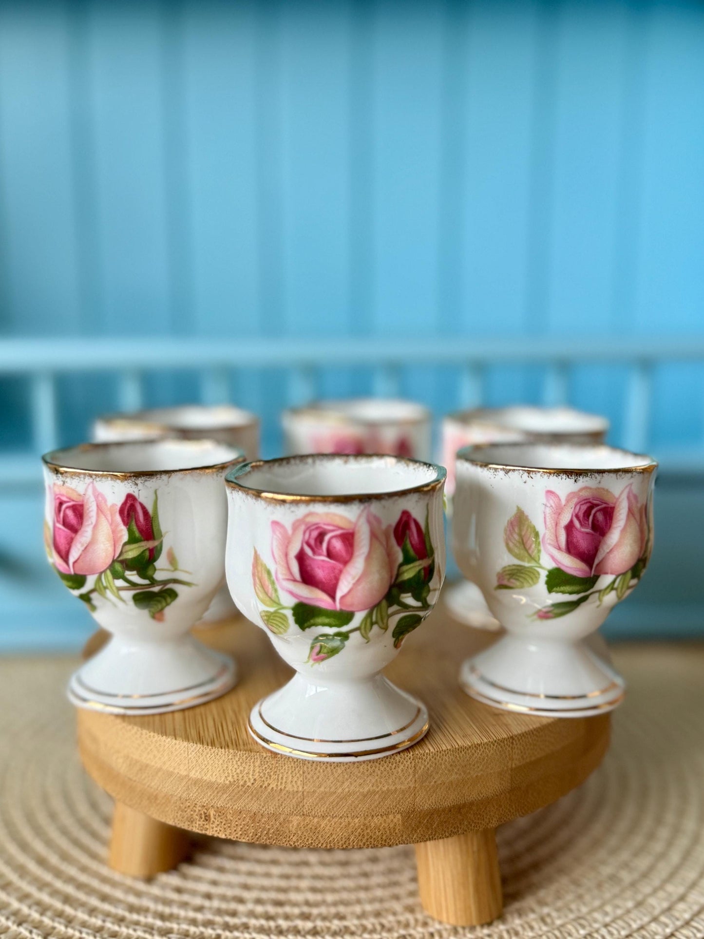 Very Hard to Find Vintage Royal Albert "Anniversary Rose" Egg Cups, Set of 6, Bone China, Previously Loved, Pink Roses Thick Gold, England