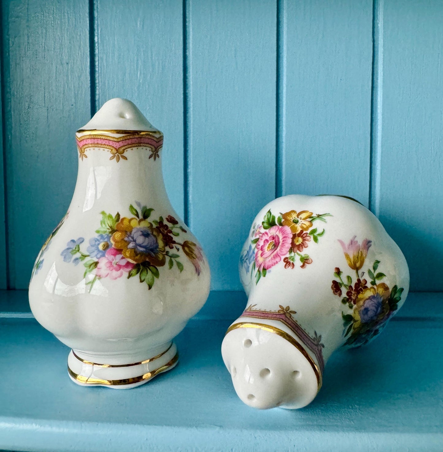 Vintage Royal Albert "Lady Carlyle" Salt & Pepper Shakers, Bone China, Previously Loved, Collectors Item, Thick Gold, Original Caps, England
