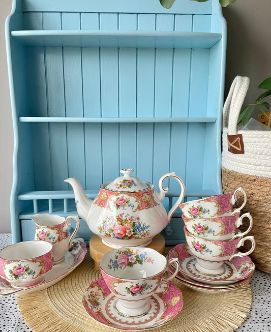 Vintage Royal Albert Tea Set - Lady Carlyle - 12 Piece Porcelain Tea Set for High Tea - Mothers Day Gift -Elegant TeaParty Set - England