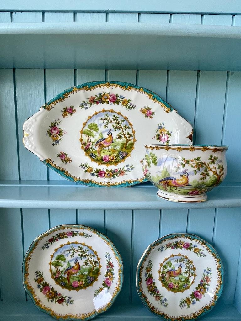 Multiple Vintage Royal Albert "Chelsea Bird" Items, Sugar Bowl & Plate, CoffeePot, Bone China, 1 Lady And 1 Male Size TeaCups, Beautiful Set