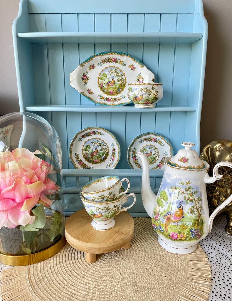 Multiple Vintage Royal Albert "Chelsea Bird" Items, Sugar Bowl & Plate, CoffeePot, Bone China, 1 Lady And 1 Male Size TeaCups, Beautiful Set