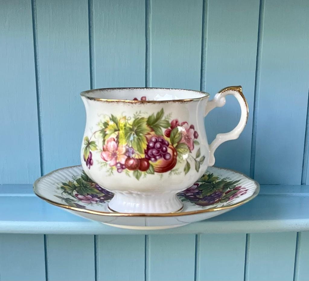 Vintage Royal Queens Fine Bone China Fruit Inspired Teacup And Saucer, Pear, Grapes, Perfect Gold, Queens Fine Bone China Made in England