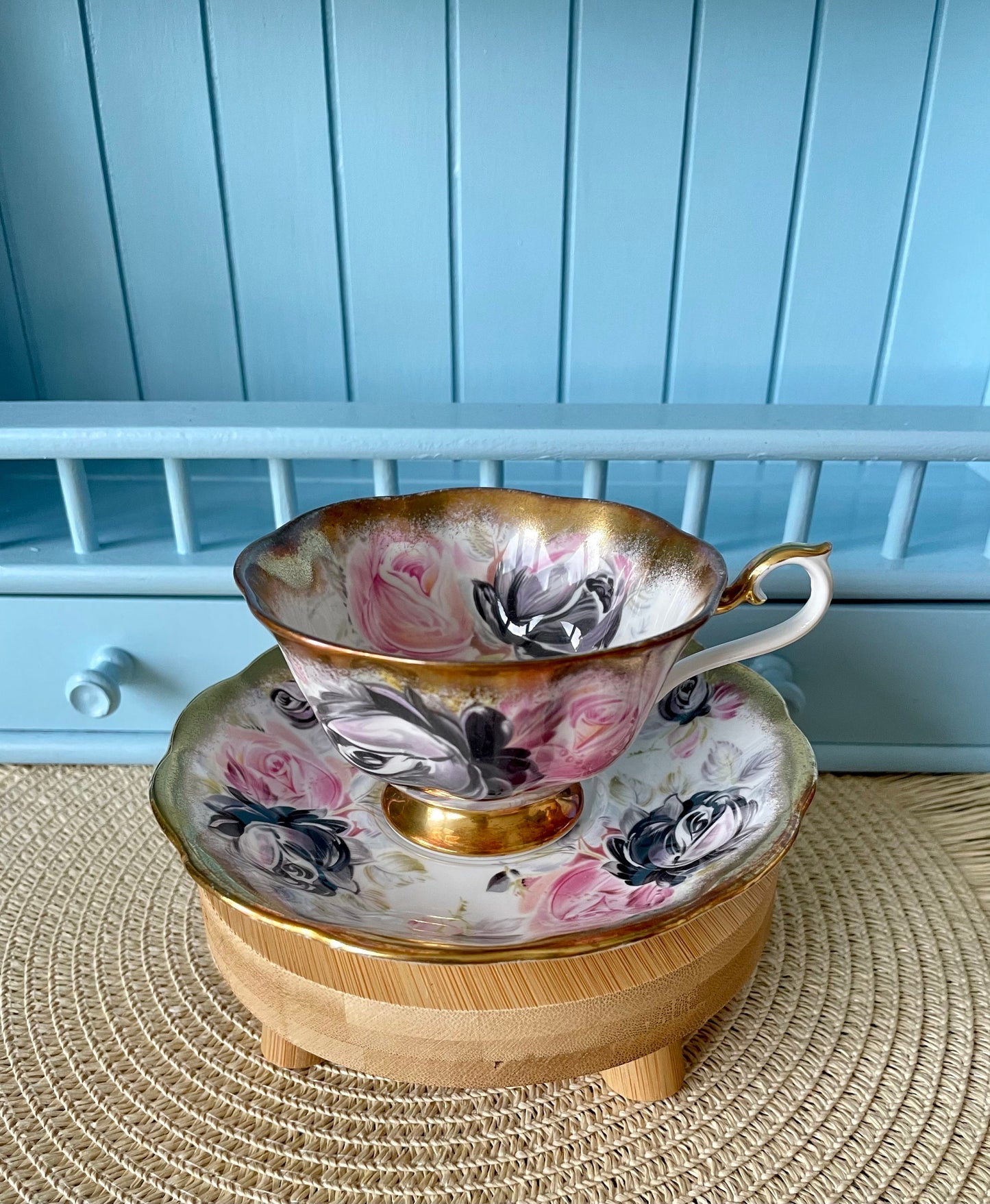 Rare Vintage Royal Albert Summer Bounty Tourmaline TeaCup and Saucer, Bone China, Pink & Black Roses, Thick Gold Trim, Collectors, England