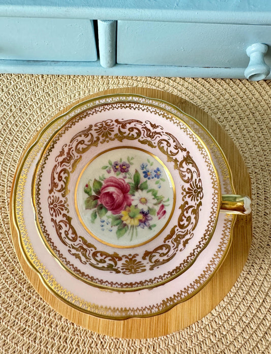 2 Rare Vintage 1940s Paragon Pastel Pink Espresso Cup Saucer, Bone China, Floral Design, by Appointment HM Queen Elizabeth, Double Warrant!