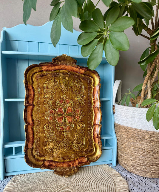 Vintage Italian Florentine Pink & Green, Gold Baroque Rococo Wooden Tray, Vintage Decorative Serving Tray, Hand Painted, High Tea, Gift Idea