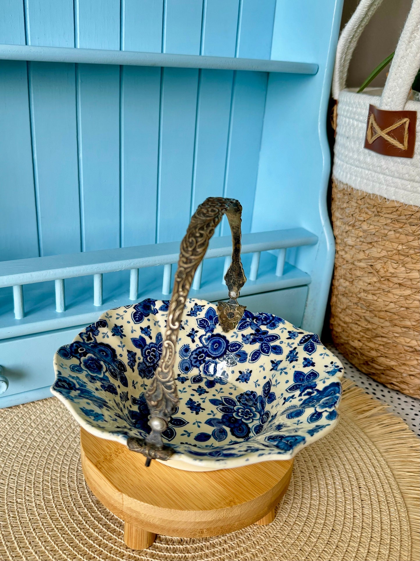 Pretty Silver Plated 'Beatrix' Bonbon Plate w/ Handle, Previously Loved, Société Ceramique Maestricht, Beautiful Blue Floral Decor, Holland