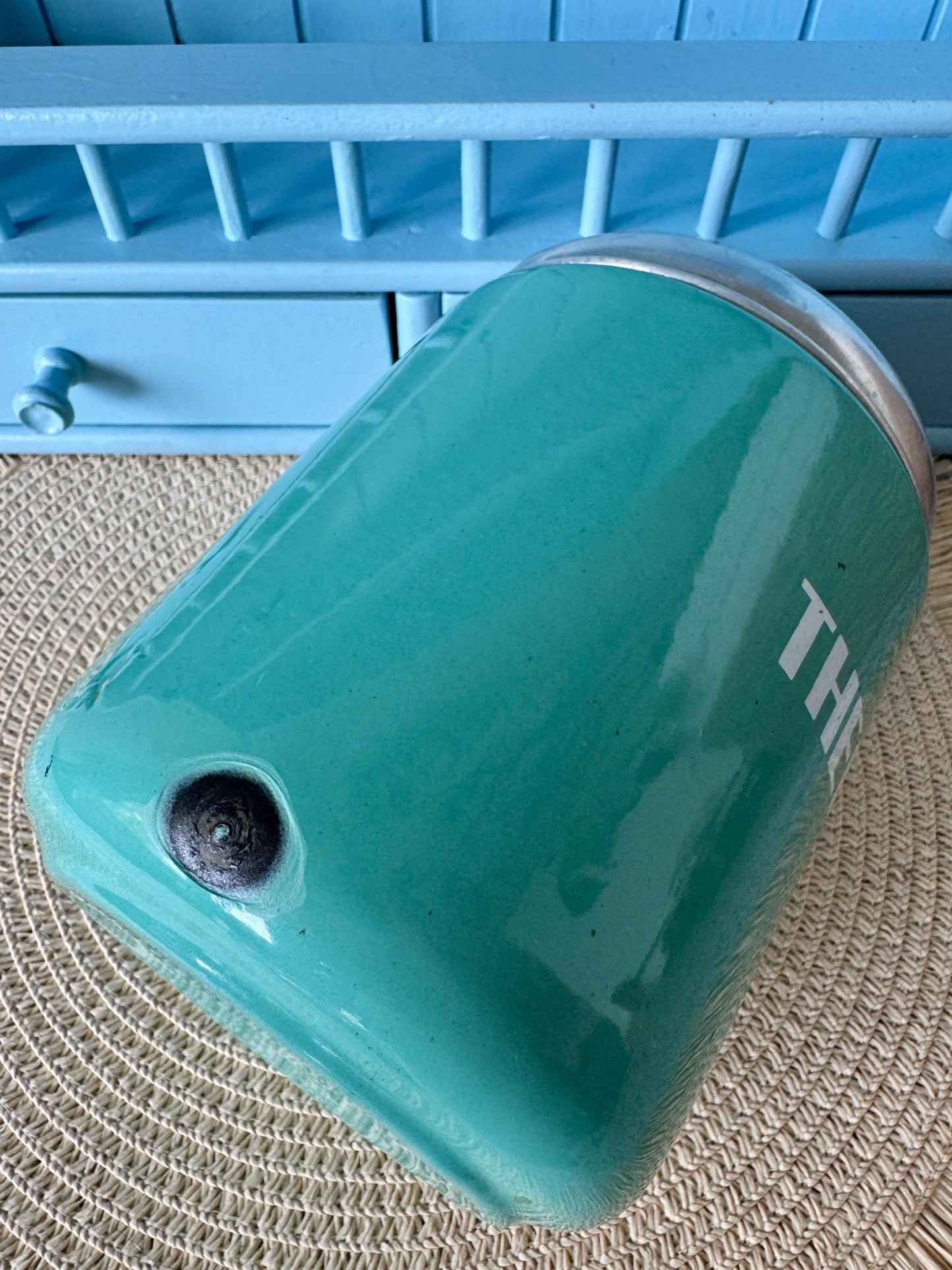 Rare Vintage Hard to Find and Very Collectible Dutch Enamel Canisters Set – Koffie Suiker Thee – 1960s Retro Storage Jars, Turquoise Blue