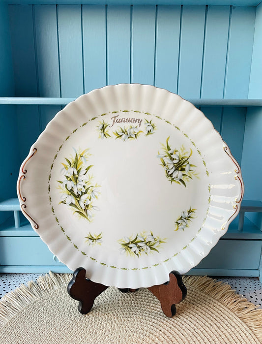 Vintage Royal Albert "January" Flower of the Month, Round Cake Plate, Fine Bone China, White Snowdrops Decor, Previously Loved, Made England