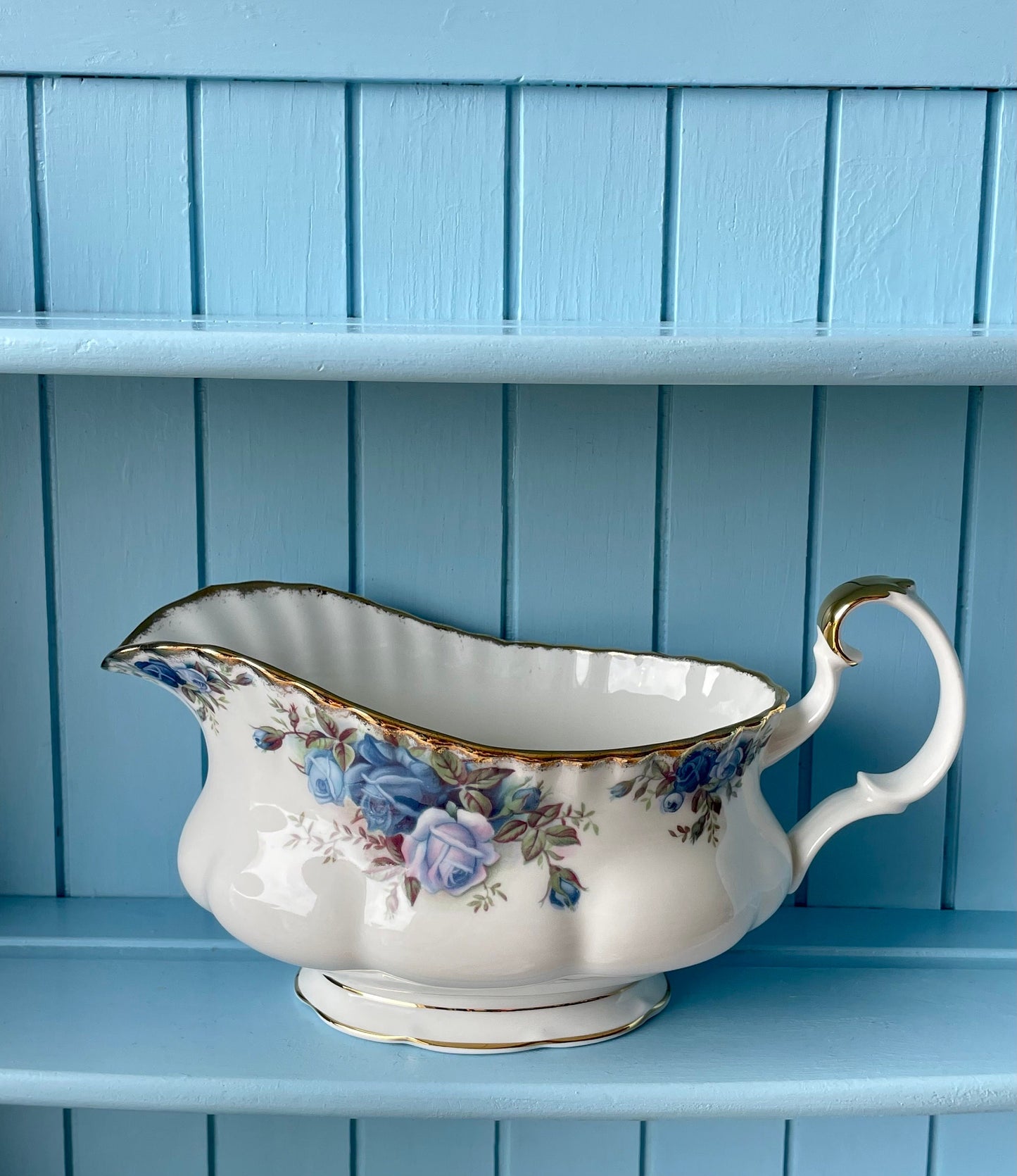 Very Rare Hard To Find Royal Albert "Moonlight Rose" Gravy Jar on Platter, Beautiful Thick Gold, Fine Bone China, Blue Roses Decor, England