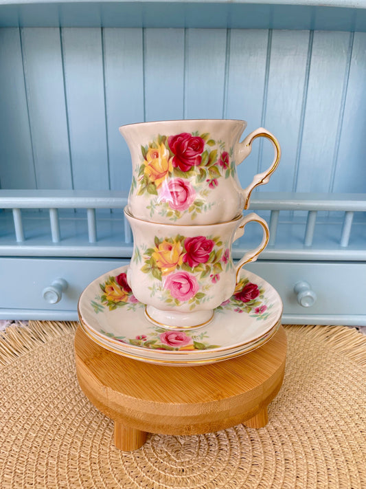 Exquisite Balmoral Castle Rose Flower Teacup and Saucer, Vintage Fine Bone China, Red Roses Decor, Made in England, 2 Available, Antique Tea