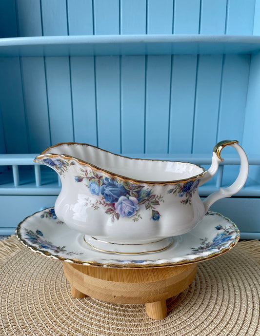 Very Rare Hard To Find Royal Albert "Moonlight Rose" Gravy Jar on Platter, Beautiful Thick Gold, Fine Bone China, Blue Roses Decor, England