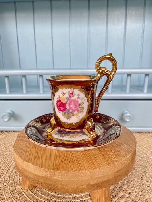Hard To Find Vintage Antique O.H.C Ohashi Japan Empire Style Cup & Saucer, Cabinet Cup, Burgundy Red and Gold Decor, Made in Japan