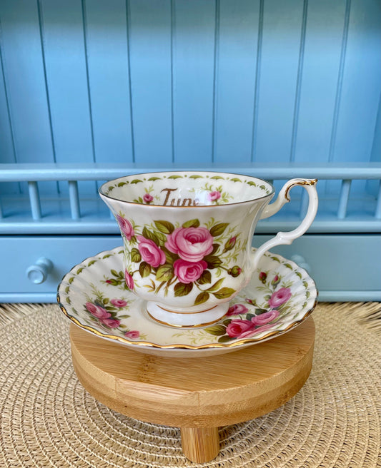 Vintage Royal Albert Flower Of The Month Male Duo, June, TeaCup & Saucer, Fine Bone China, Pink Rose Decor, Made in England, Collectors Item