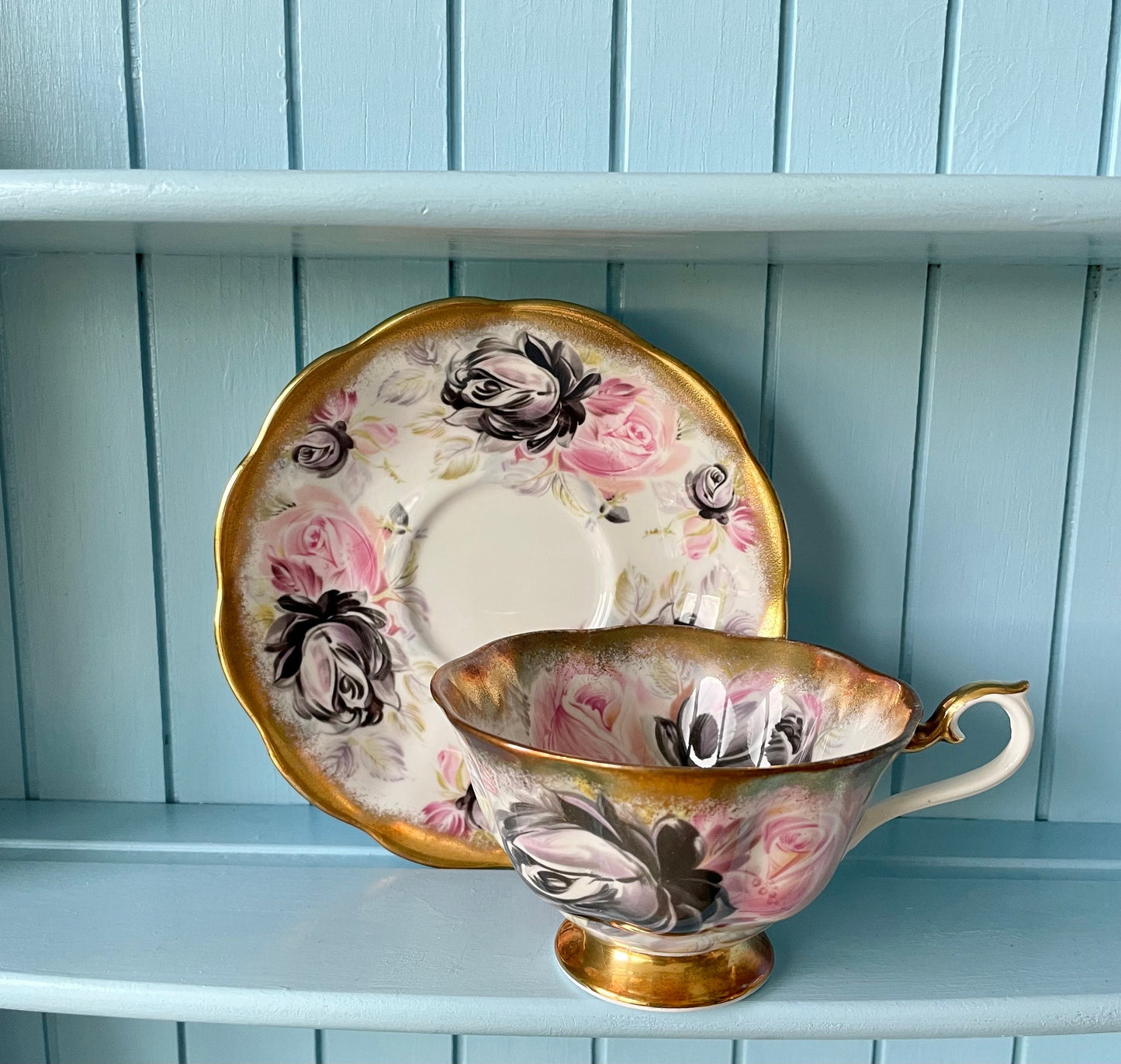 Rare Vintage Royal Albert Summer Bounty Tourmaline TeaCup and Saucer, Bone China, Pink & Black Roses, Thick Gold Trim, Collectors, England