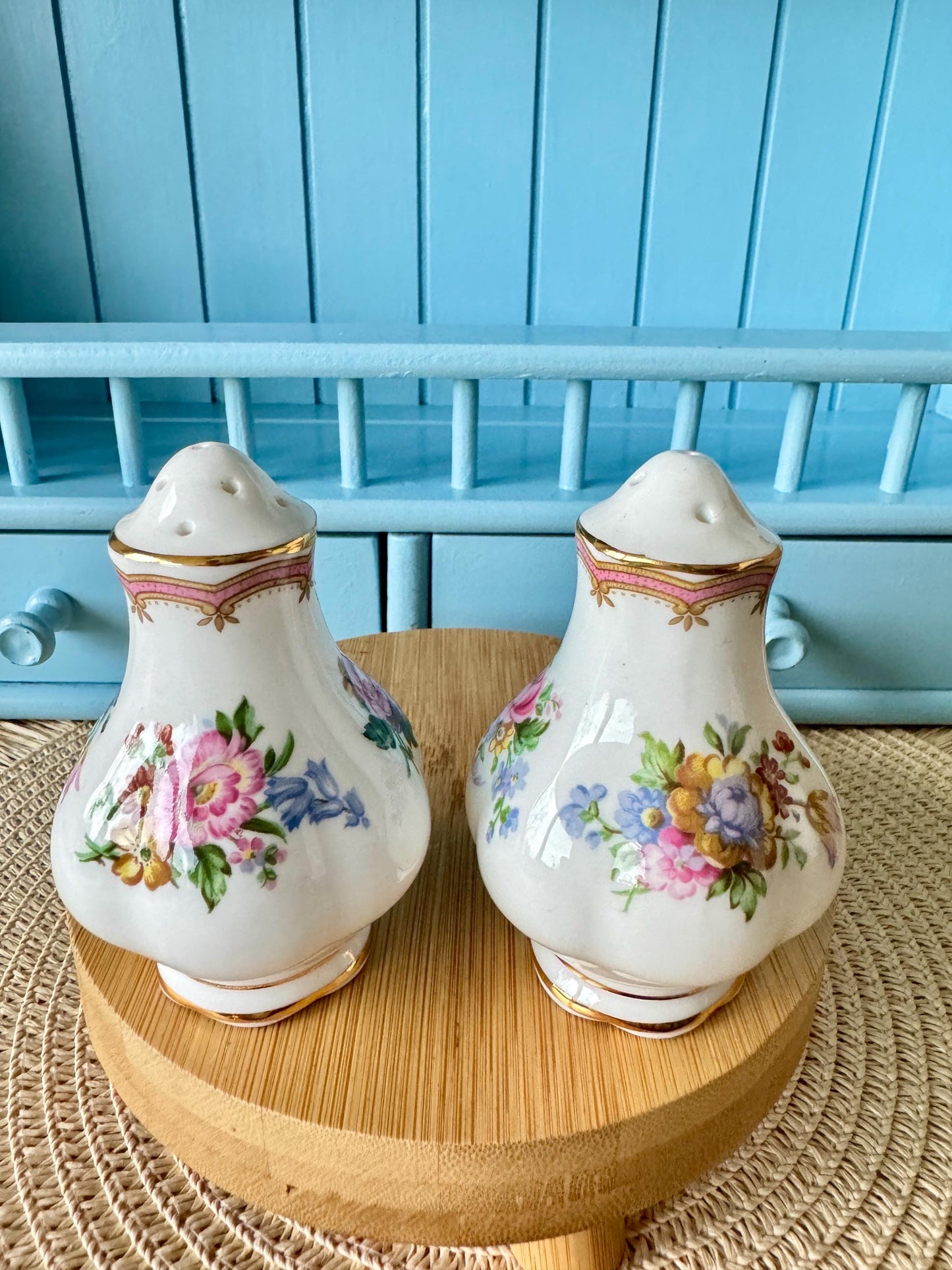 Vintage Royal Albert "Lady Carlyle" Salt & Pepper Shakers, Bone China, Previously Loved, Collectors Item, Thick Gold, Original Caps, England