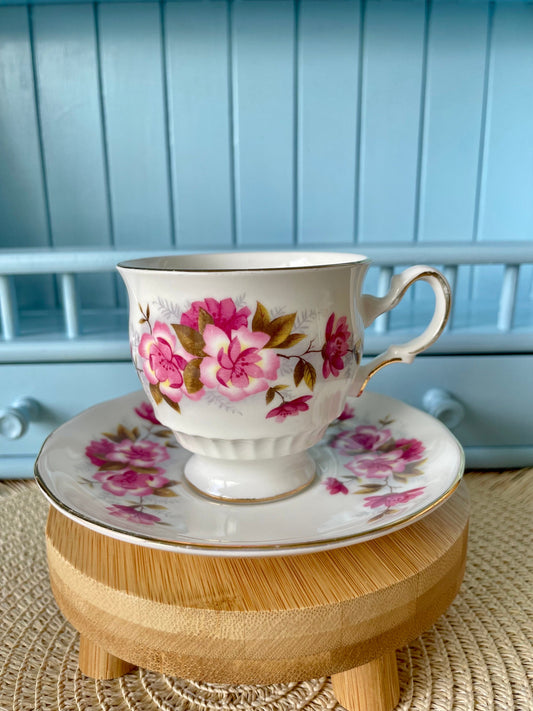 Vintage Queen Anne Cherry Blossom, Pink Floral Bone Tea Cup and Saucer, Antique English China, Previously Loved Vintage Cup, High-Tea Party