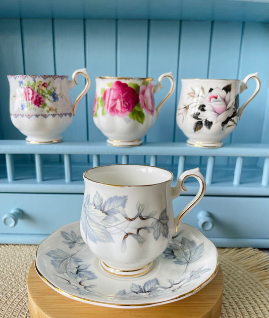 Vintage Royal Albert Silver Maple Espresso Cup & Saucer, Fine Bone China, Made in England, Previously Loved, Silver Leaf Decor, Perfect Gift