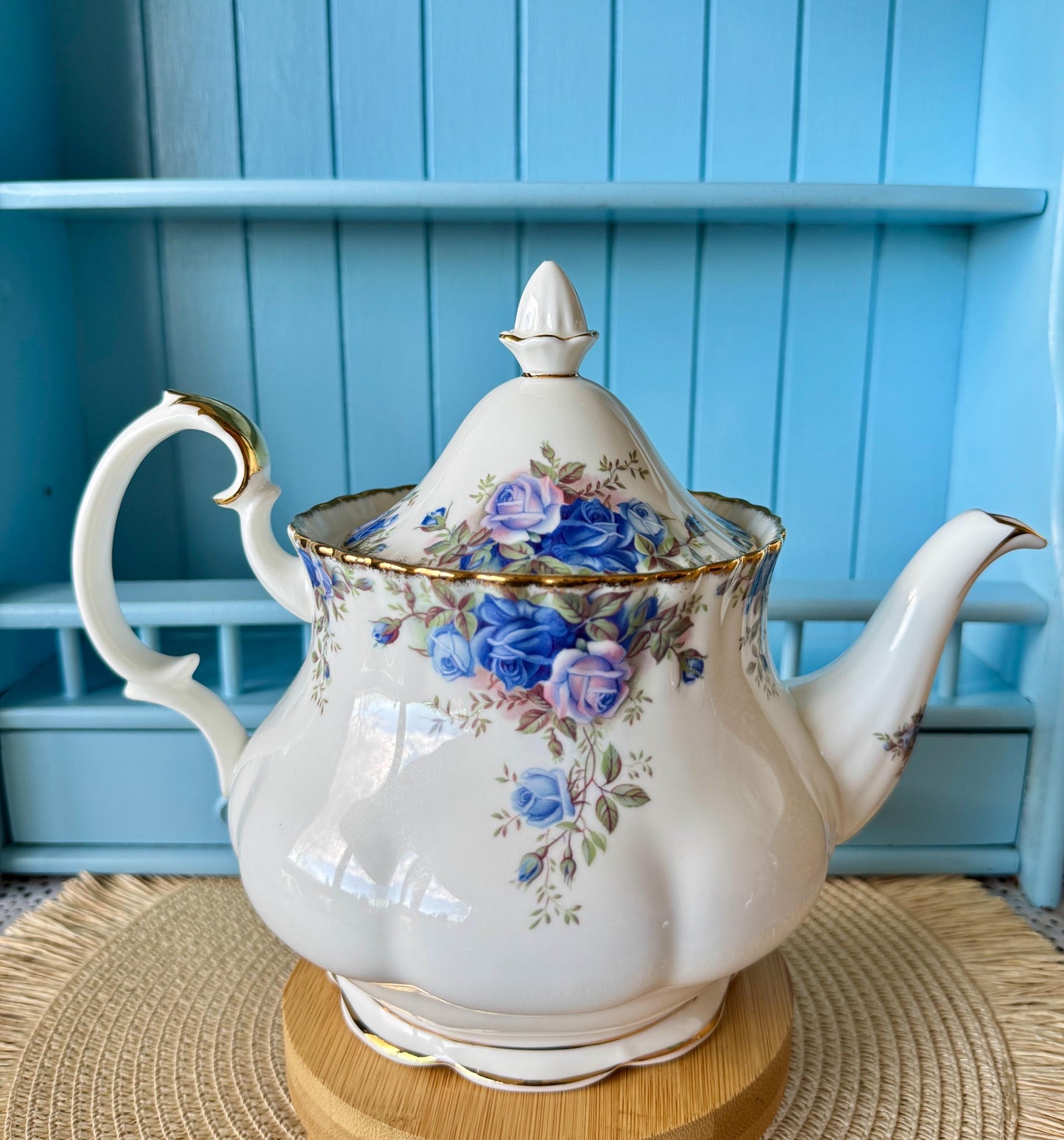 Very Rare Hard To Find "Large" Royal Albert "Moonlight Rose" TeaPot, Beautiful 1.25L TeaPot, Bone China, Blue Roses Decor, Made in England