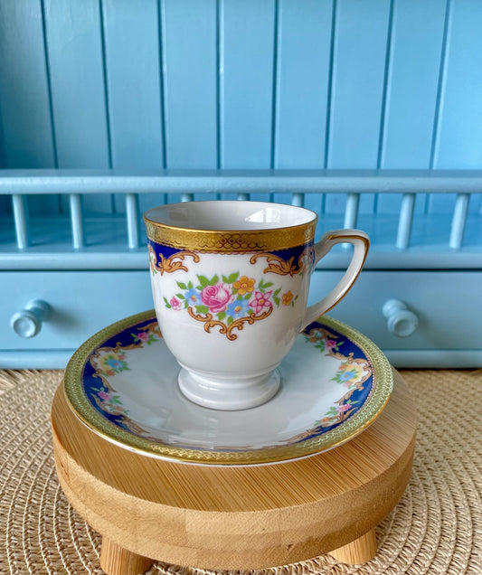 Vintage Tirschenreuth Bavaria Demitasse & Saucer, Gold Band, Blue Panels with Floral Decor, Excellent Condition, Made in Germany
