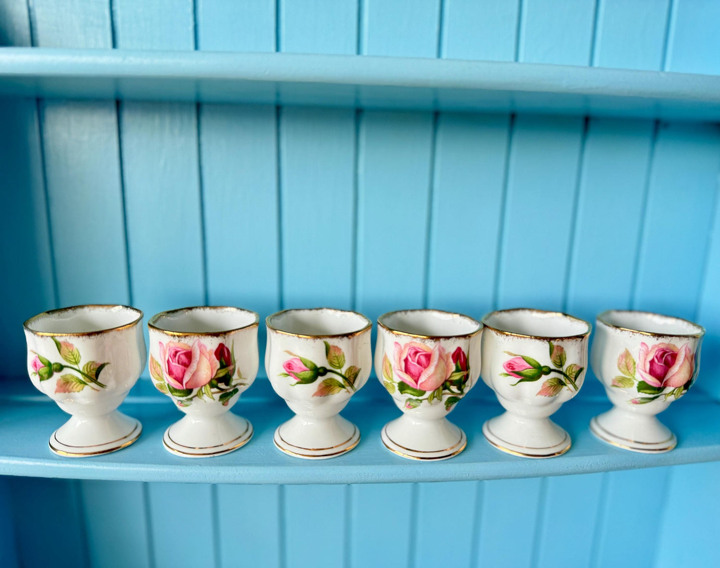 Very Hard to Find Vintage Royal Albert "Anniversary Rose" Egg Cups, Set of 6, Bone China, Previously Loved, Pink Roses Thick Gold, England