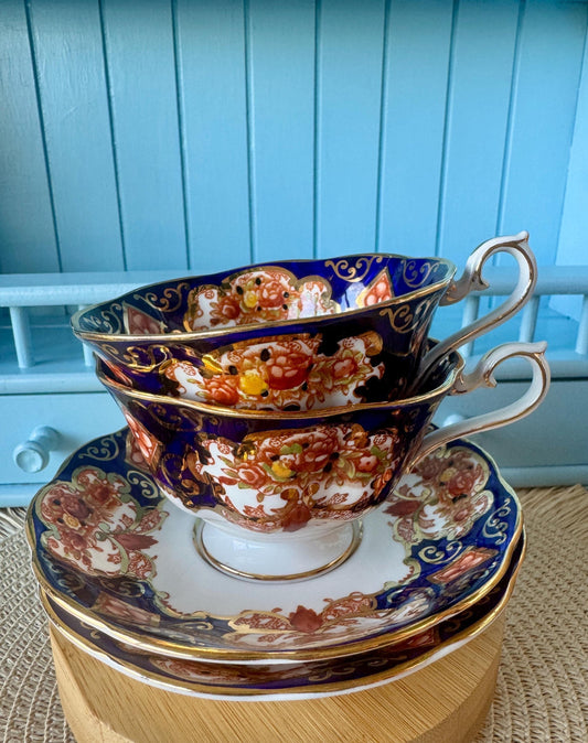 Set of 2 Vintage Royal Albert "Heirloom" Avon Shaped Teacup & Saucer, Bone China, Previously Loved, Cobalt Blue Orange Gold Decor, England