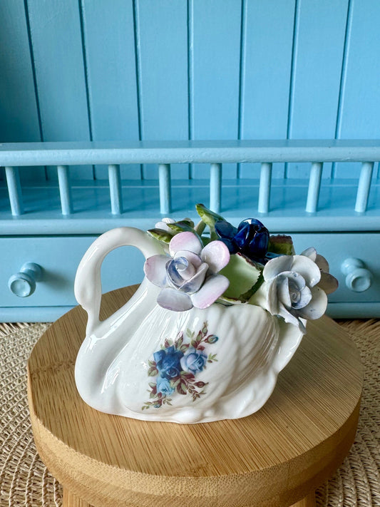 Vintage Royal Albert Moonlight Small Swan Floral Figurine, Perfect Flowers & Condition, Fine Bone China, Blue Roses Gold Decor, Made England