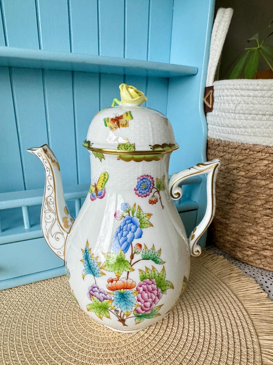 Hard to Find Vintage Herend ‘Queen Victoria’ Large CoffeePot -Hand-Painted, Yellow Rose, Peony Flowers Butterfly Decor, Hungarian Porcelain