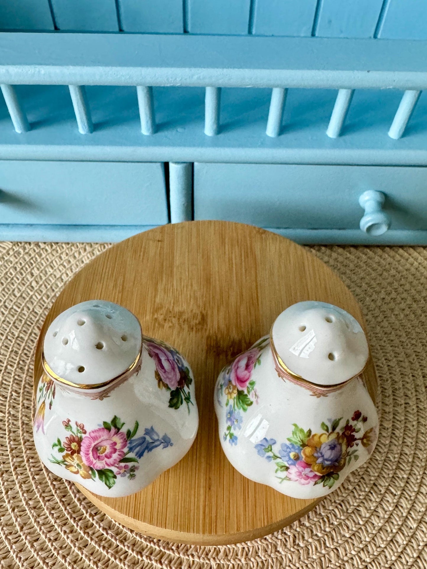 Vintage Royal Albert "Lady Carlyle" Salt & Pepper Shakers, Bone China, Previously Loved, Collectors Item, Thick Gold, Original Caps, England