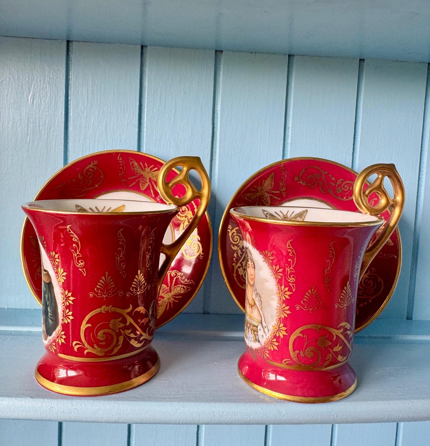 Rare Limoges Napoleon Josephine Espresso Cups & Saucers | Burgundy Gold Porcelain | Imperial Bee Motif | Perfect Condition | Historical Gift