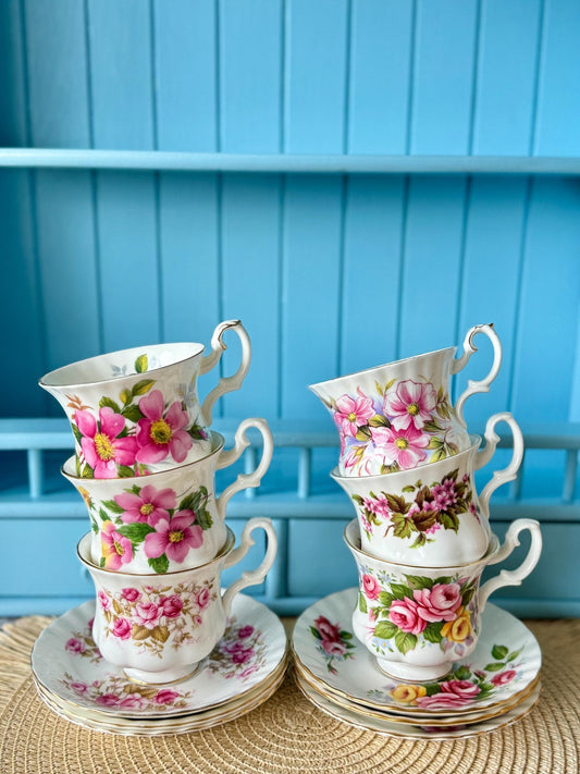 Set of 6 Vintage Royal Albert Coffee Cups and Saucers, Bone China,  Mix & Match, for Royal High-Tea Party, Baby Shower Tea, Pink Decor, UK