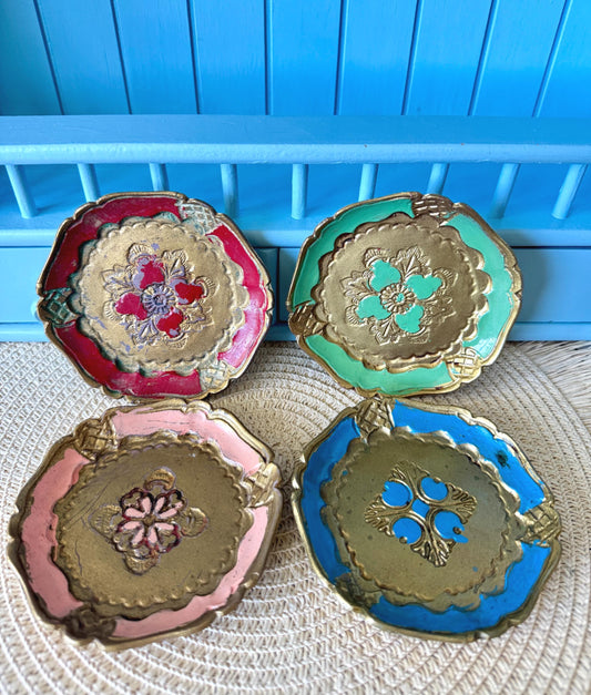 Vintage Italian Florentine Multicolored Gold Rococo Gilded Coasters, Vintage Set of 4 Coasters, Hand Painted, Home Bar Decor, Made in Italy