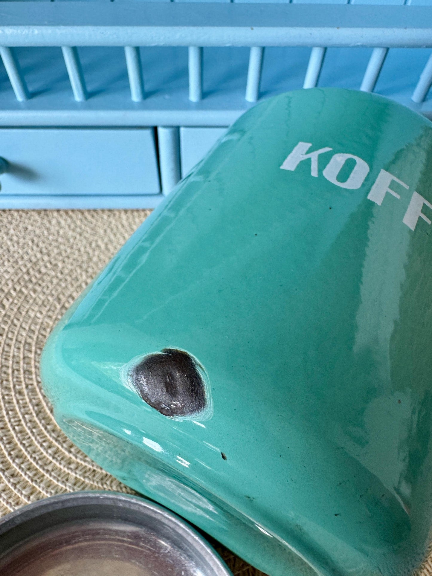 Rare Vintage Hard to Find and Very Collectible Dutch Enamel Canisters Set – Koffie Suiker Thee – 1960s Retro Storage Jars, Turquoise Blue