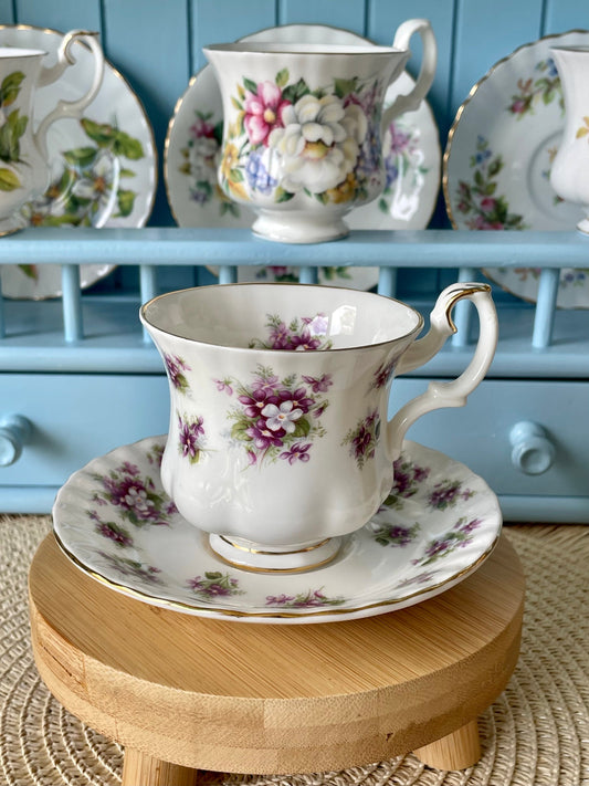 Beautiful Vintage Royal Albert Ladies Sized Tea Cup and Saucer. Fine Bone China,  Sweet Violets Series, Previously Loved Vintage Cup