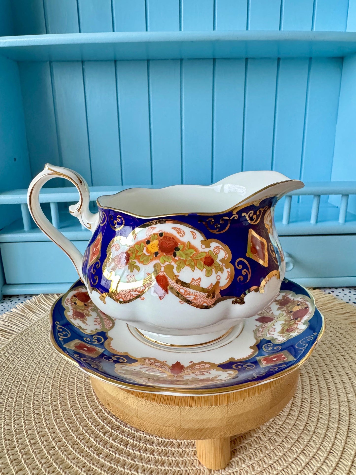 Rare Vintage Royal Albert "Heirloom"  Large Gravy Boat with Under plate, Bone China, Previously Loved, Cobalt Blue  Pattern, Made in England