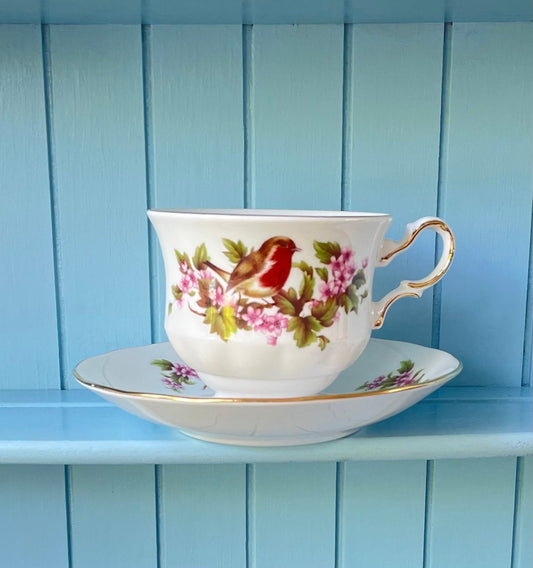 Vintage Queen Anne Robin, Pink Floral Bone Tea Cup and Saucer, Antique English China, Previously Loved Vintage Cup, High-Tea Bridal Party