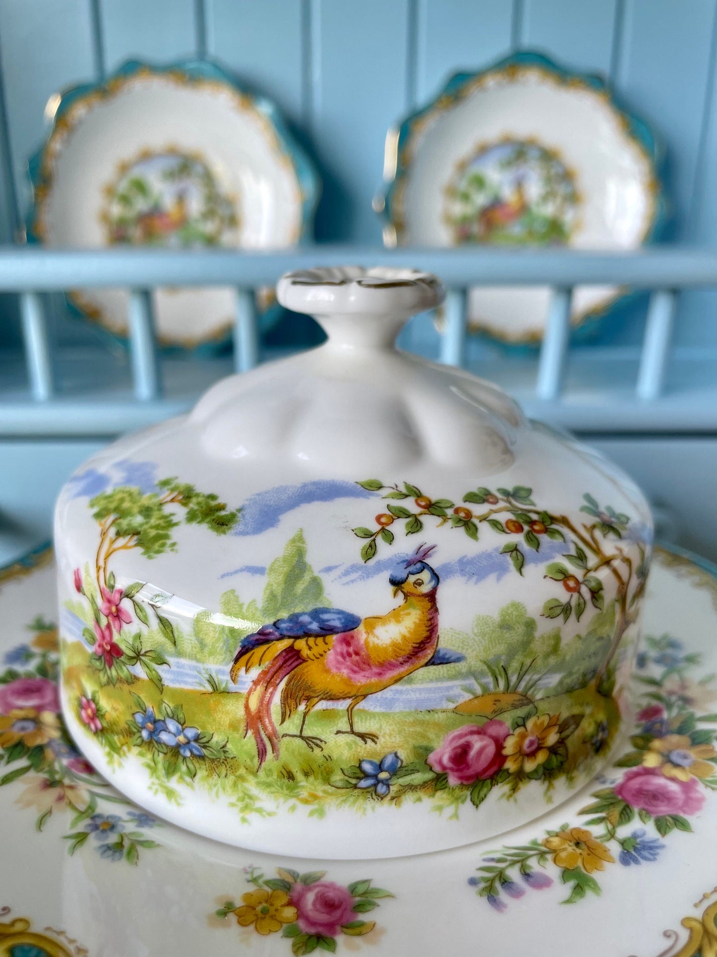 Multiple Vintage Royal Albert "Chelsea Bird" Items, Large Cake Plate with 4 Plates, Butter Dish, Petit Four, Creamer Set,Bone China, England
