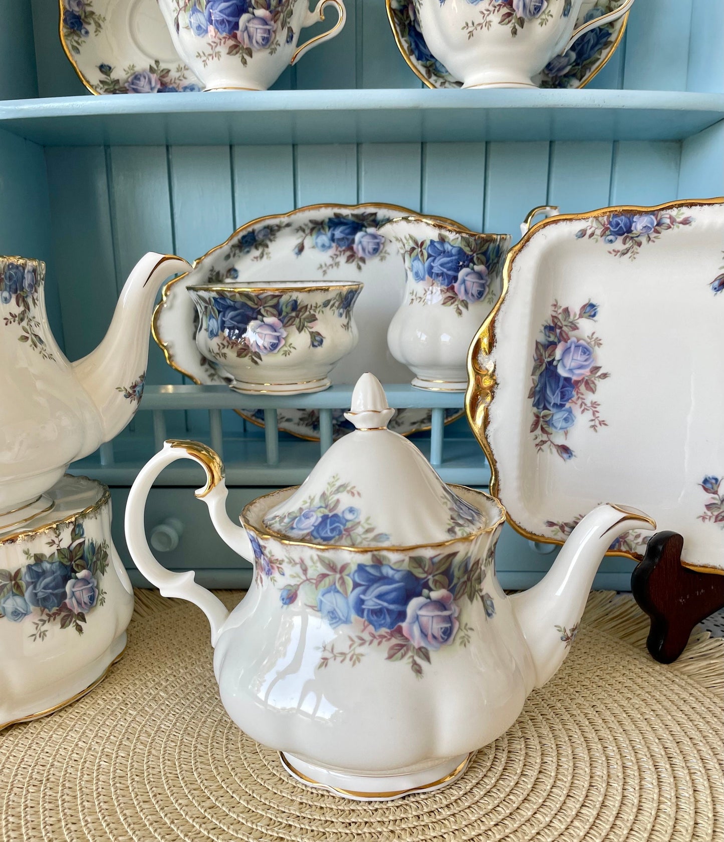 Multiple Royal Albert "Moonlight Rose" Fine Bone China Items, Teapots, Cups & Saucers, Sandwich Plate, Creamer Set, Highly Collectible China