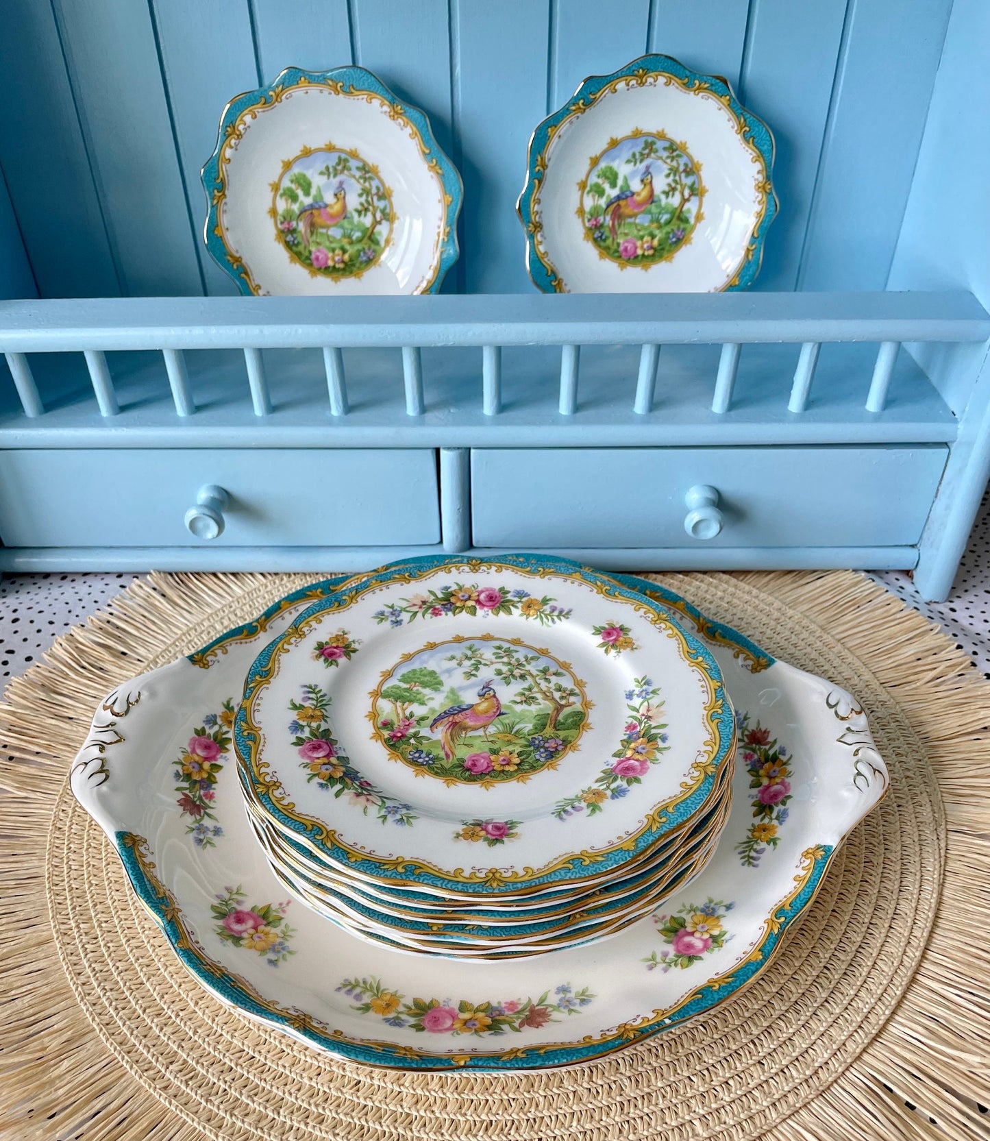 Multiple Vintage Royal Albert "Chelsea Bird" Items, Large Cake Plate with 4 Plates, Butter Dish, Petit Four, Creamer Set,Bone China, England