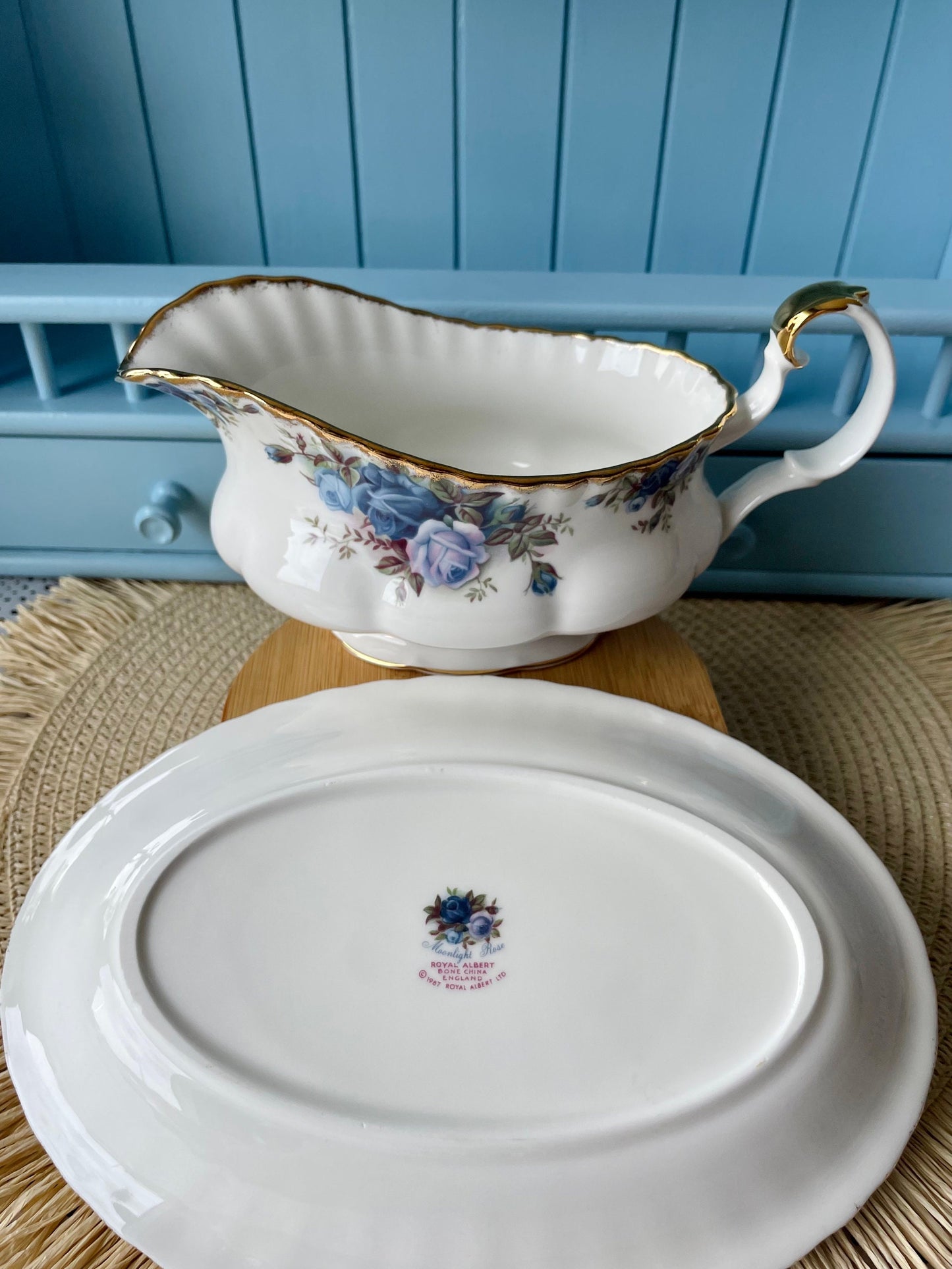 Very Rare Hard To Find Royal Albert "Moonlight Rose" Gravy Jar on Platter, Beautiful Thick Gold, Fine Bone China, Blue Roses Decor, England