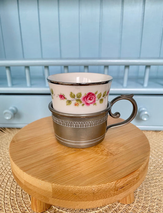 Beautiful Vintage Tin Cup Holder with Bareuther Bavaria Porcelain Teacup, Previously Loved Antique, Collectors Item, Lovely, Made In Germany