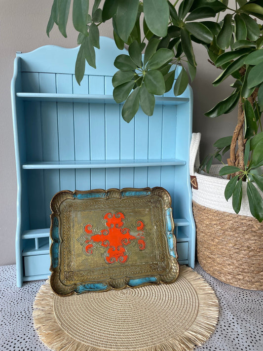 Vintage Italian Florentine Blue & Orange Gold Baroque Rococo Wooden Tray, Vintage Decorative Serving Tray, Hand Painted, High Tea, Gift Idea