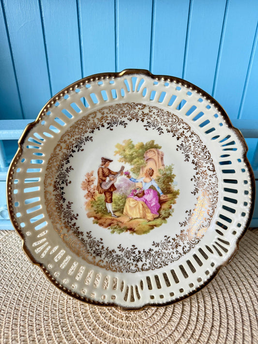 Hard To Find Vintage Bavaria J G & Z German Fragonard Gold Laced Bread Basket, Courting Couple Decor, Previously Loved, Made in Germany