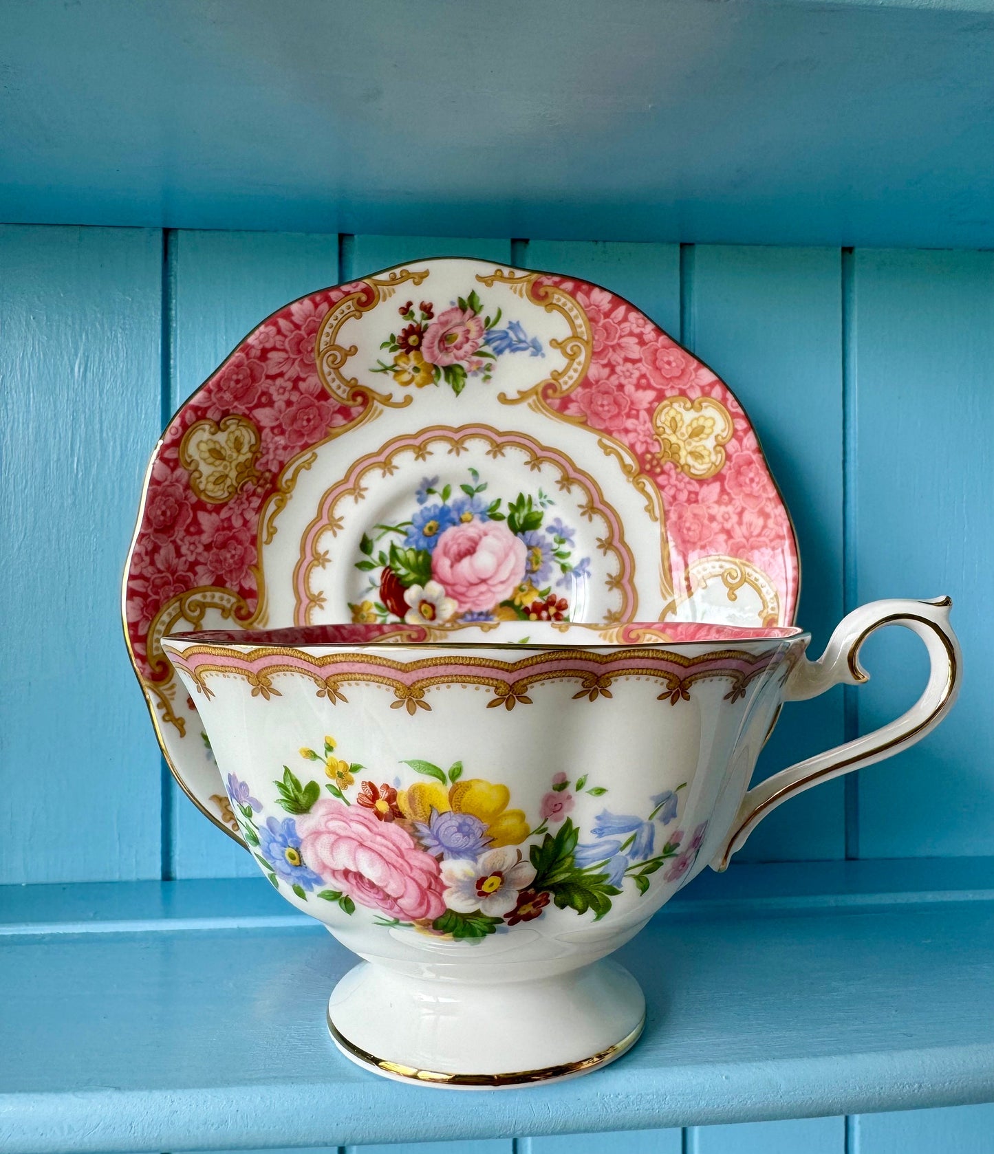 Very Rare Hard To Find "Inside Out" Royal Albert "Lady Carlyle" Avon Shape Teacup, Bone China, Previously Loved, Pink Decor, Made In England