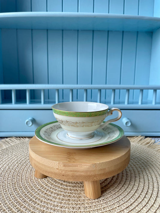 Elegance & Charm: Vintage Hanson Porcelain Espresso Cup Set with Delicate Golden Flowers On Pastel Green, Previously Loved, Made in England