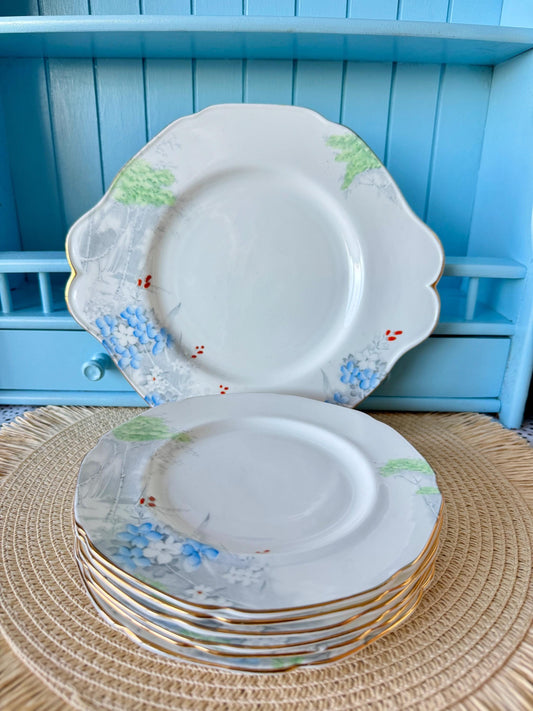 Rare Vintage Paragon "Woodland Bluebell"  Round Cake Plate Set with 6 Cake Plates, Bone China, Silver Birch, Blue Floral Decor, Made England