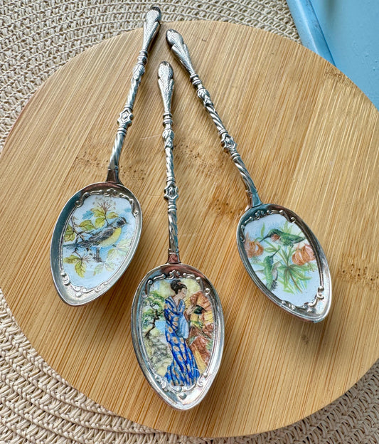 Rare Vintage Hard to Find and Very Collectible Novelty Royal Albert "Style" Silver Plated, Enamel Tea Spoon with Bird Decor, Japanese Lady