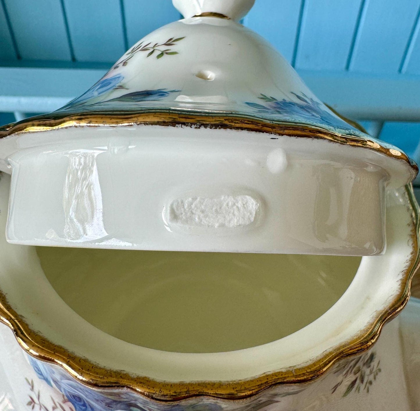 Very Rare Hard To Find "Medium" Royal Albert "Moonlight Rose" Tea Pot, Spout Inside Lid Is Missing, Bone China, Blue Roses Decor, England