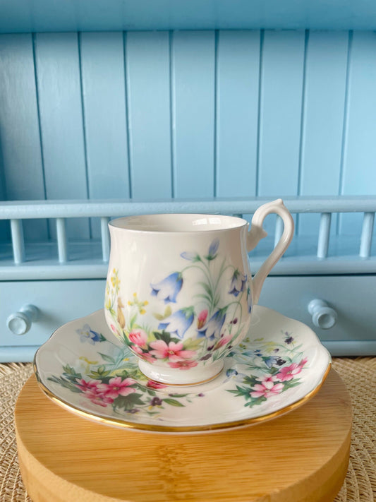 Vintage Royal Albert 'Easter Design' Espresso Cup & Saucer, Bone China, Previously Loved, Pretty Floral Decor with Bunny, Made in England