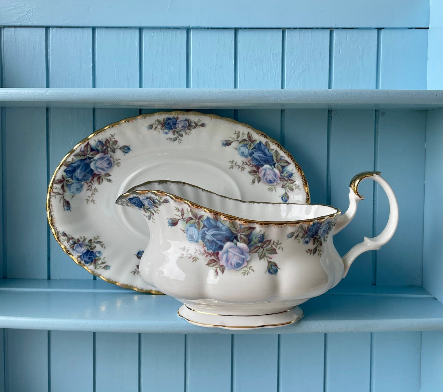 Very Rare Hard To Find Royal Albert "Moonlight Rose" Gravy Jar on Platter, Beautiful Thick Gold, Fine Bone China, Blue Roses Decor, England